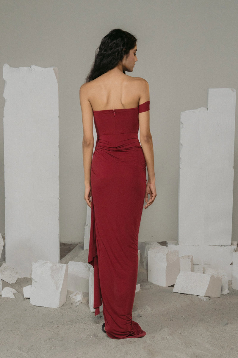 Burgundy Sequin Draped Glamour Gown