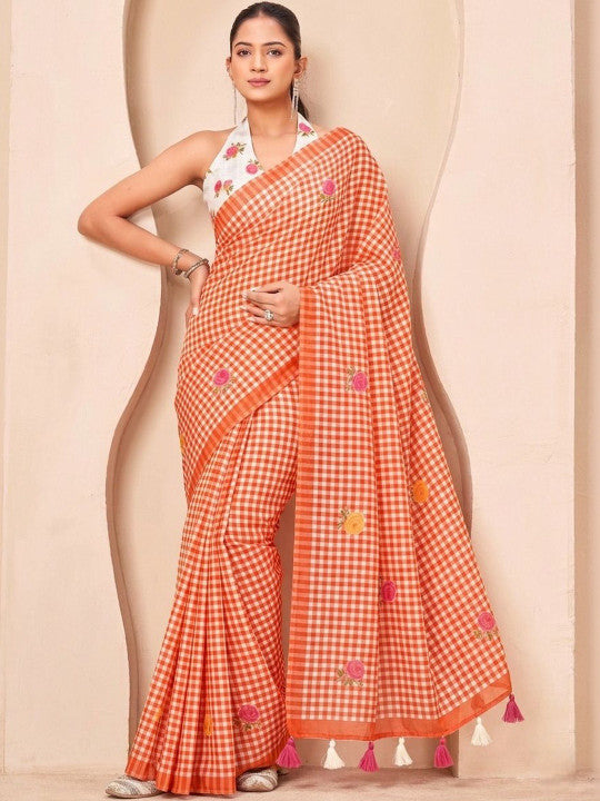Silk  Floral Checked Woven Design Border Saree