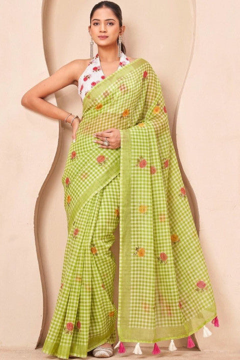 Silk  Floral Checked Woven Design Border Saree