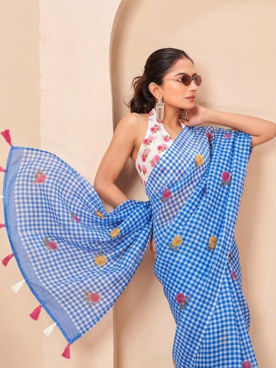 Silk  Floral Checked Woven Design Border Saree