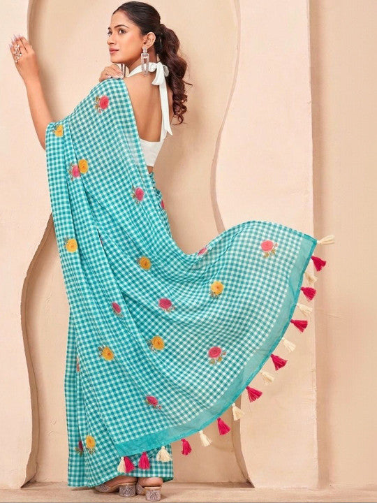 Silk  Floral Checked Woven Design Border Saree