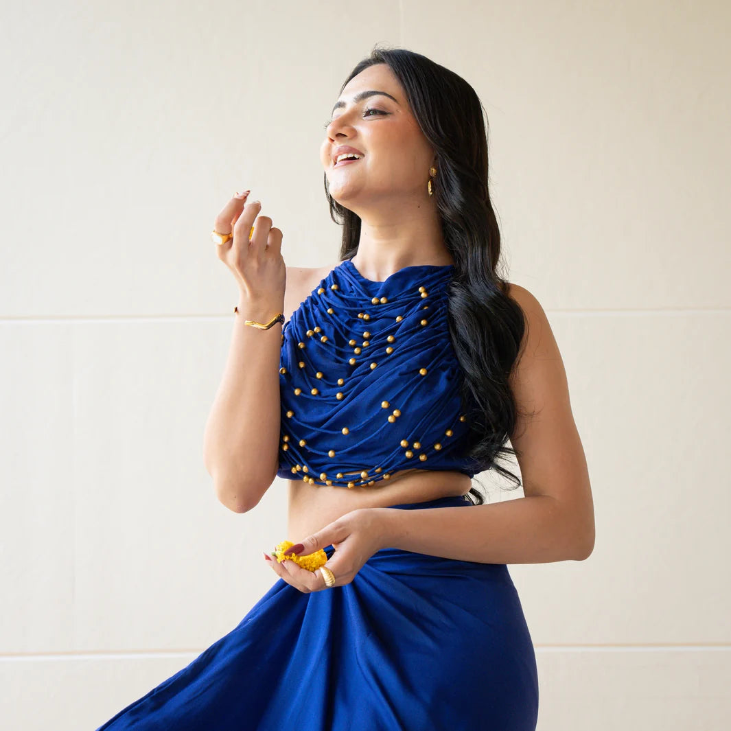 Indigo Muse Backless Draped Set