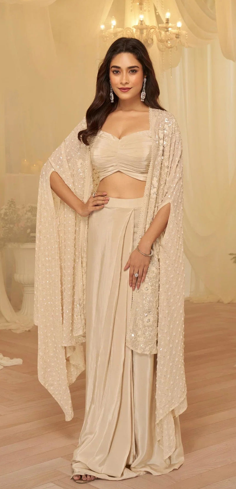 Ivory Embroidered Blouse, Palazzo & Jacket Set