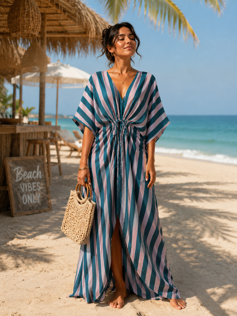 Sunset Pink Striped Long Kaftan Dress