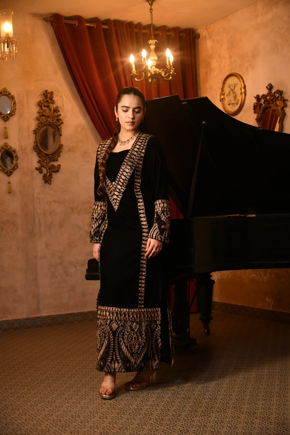 Royal Noir Embroidered Velvet Kaftan