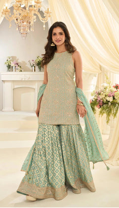 Pastel Mint Green Embroidered Top Bottom Set with Dupatta