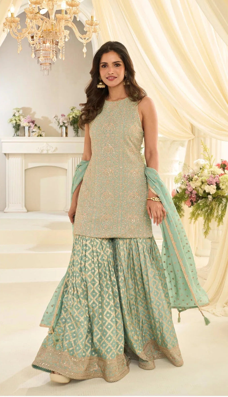 Pastel Mint Green Embroidered Top Bottom Set with Dupatta