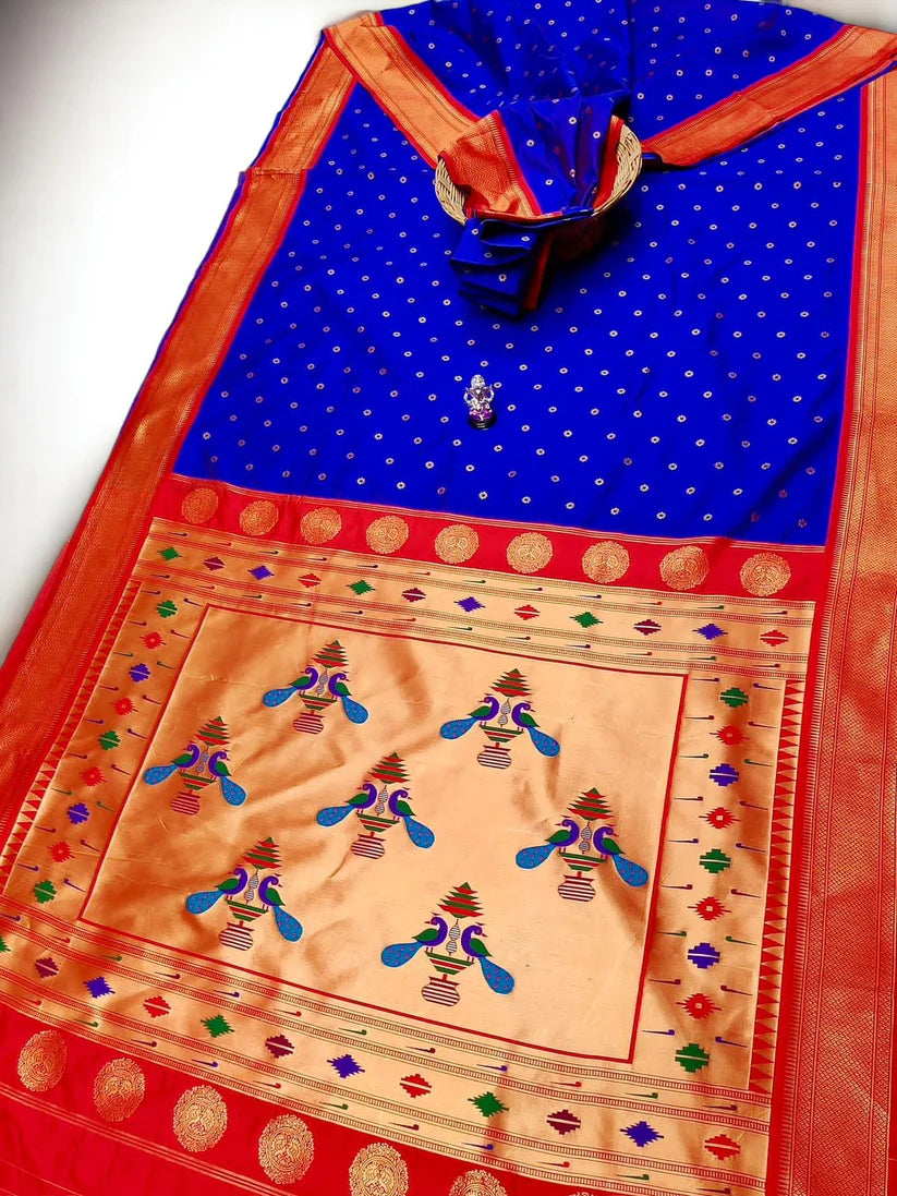 Sindoori Red 9 Yard Soft Silk Paithani Saree with Kalash Peacock Pallu