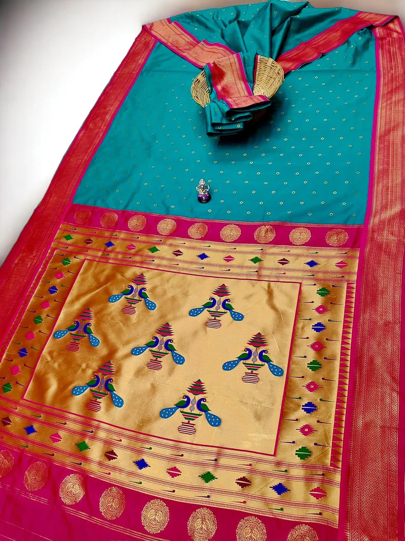 Sindoori Red 9 Yard Soft Silk Paithani Saree with Kalash Peacock Pallu