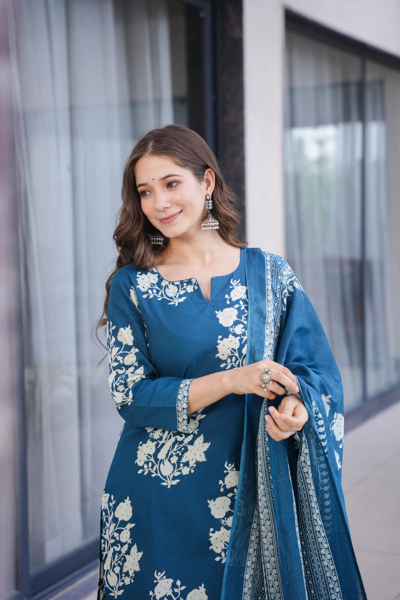 Ramya Blue Cotton Suit Set- By Reet Lifestyle