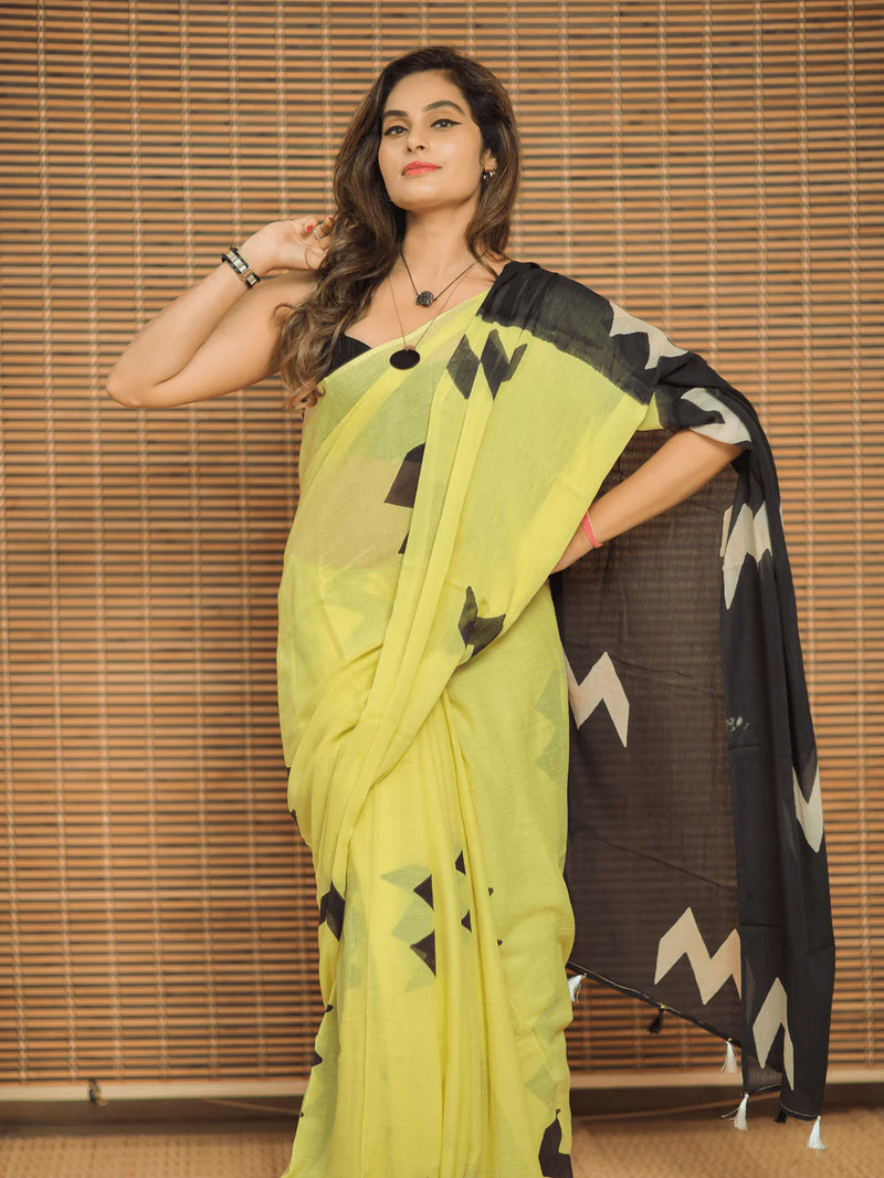 Yellow Pure Mul Cotton Saree
