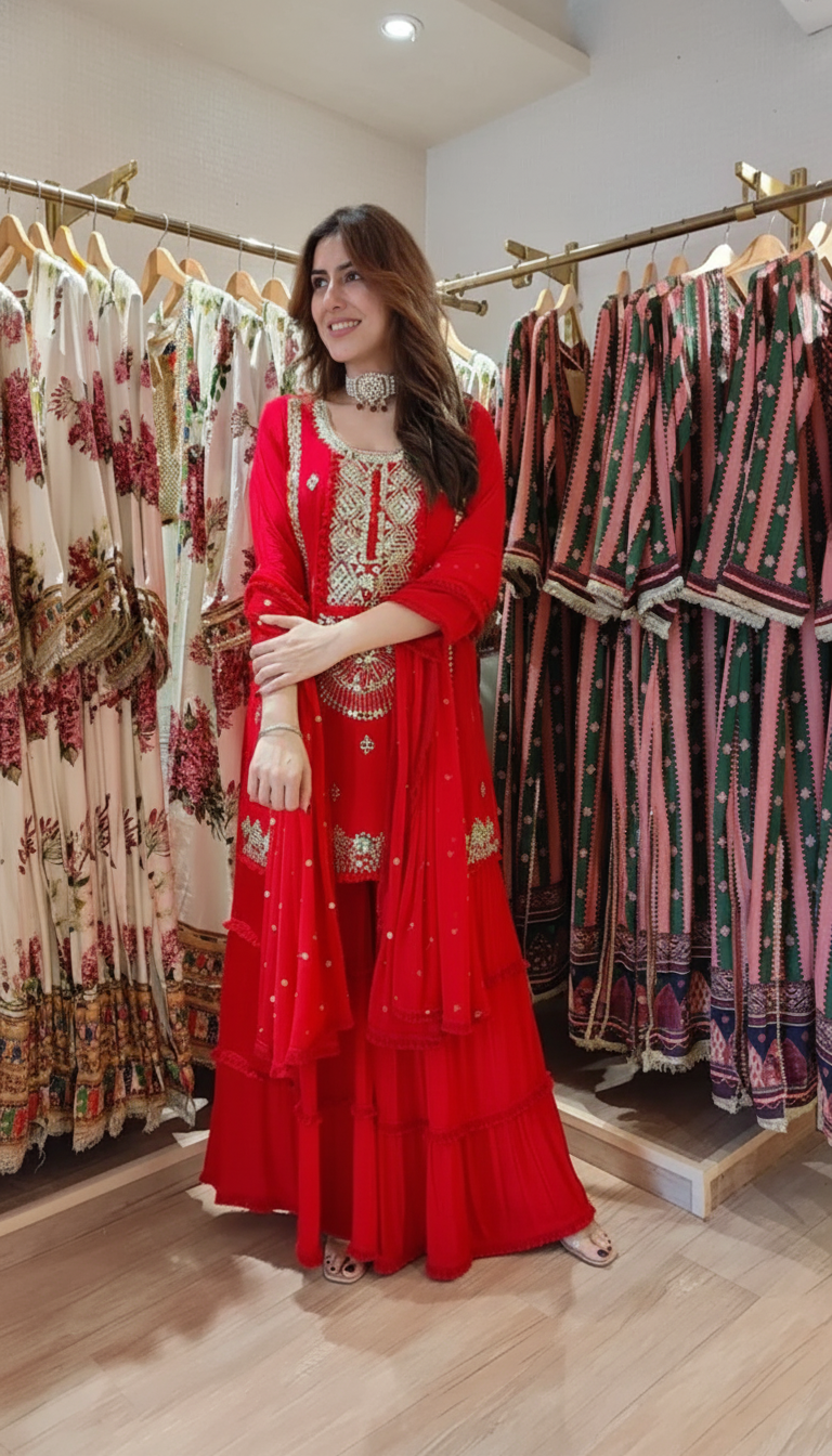 Champagne Grey Mirror Work Sharara Set