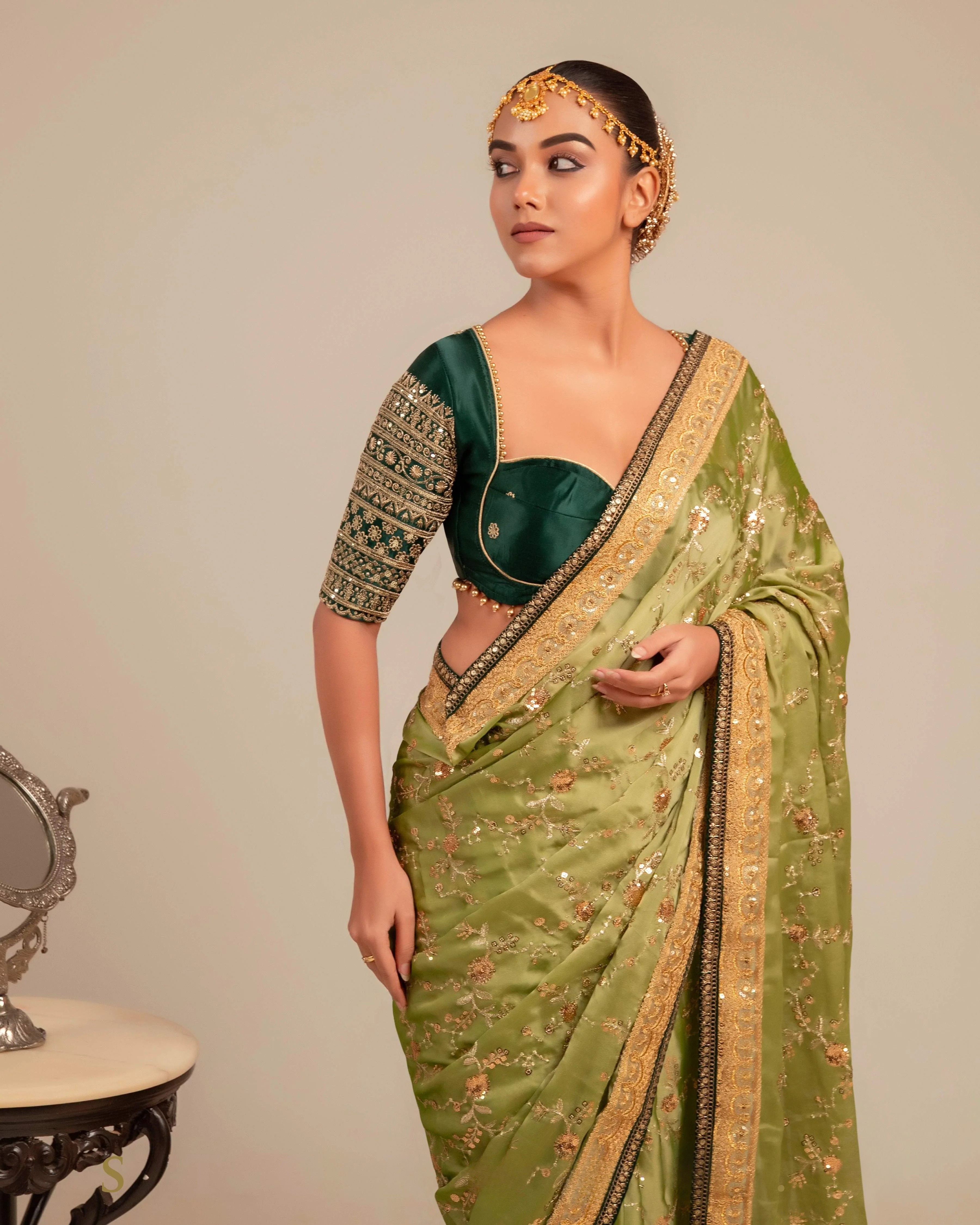 Gaji Silk Deep Green Embellished Blouse