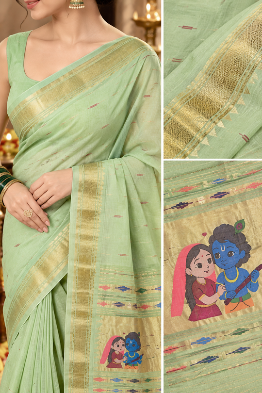 Mint Green Pure Cotton Paithani Saree with Traditional Radha Krishna Pallu & Golden Zari Border