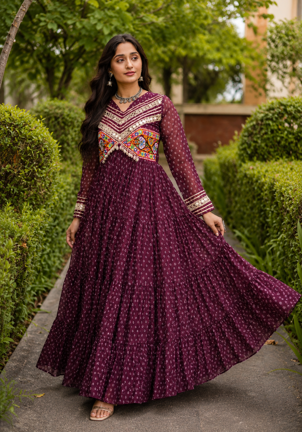 Bandhani Printed Gown with Kutchi Patchwork
