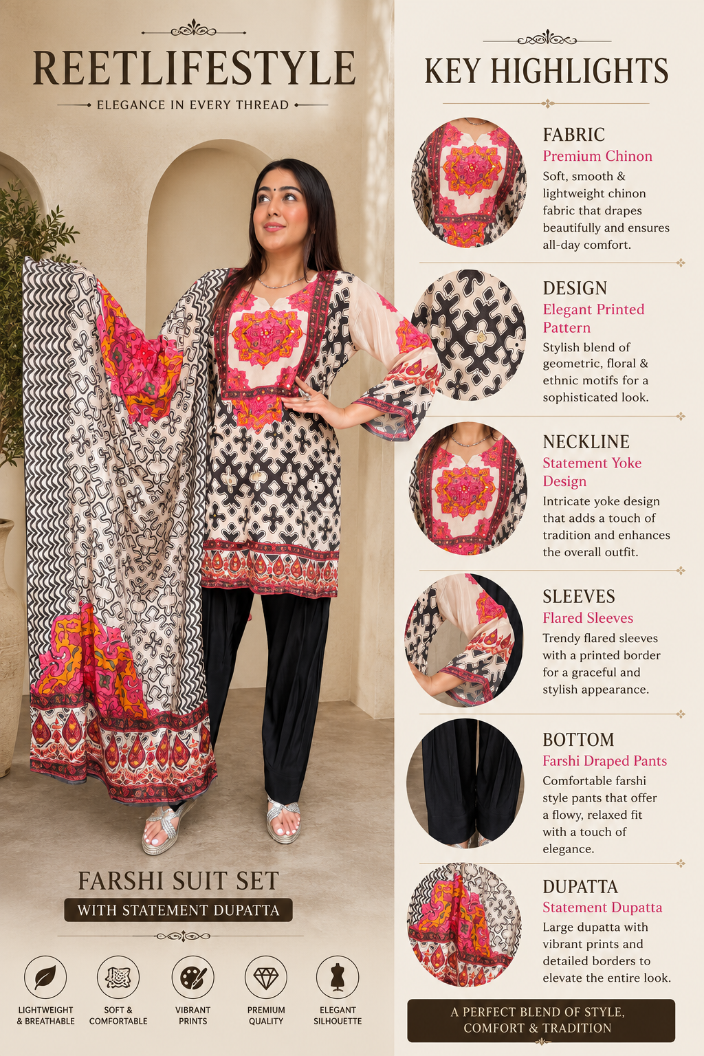 Cream & Black Printed Farshi Suit Set with Statement Dupatta