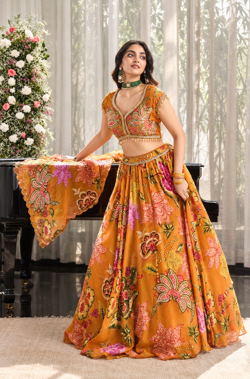 Mariya Orange Floral Printed Lehenga Set