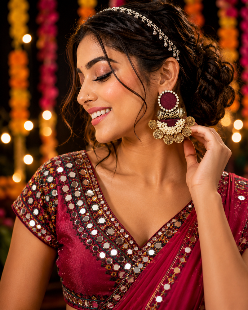 Maroon Antique Coin Chandbali Earrings with Pearl Cluster