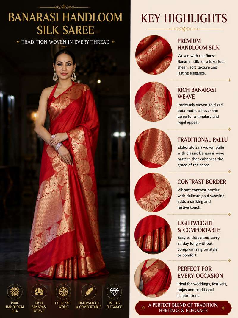 Red Banarasi Handloom Silk Saree with Rich Gold Zari Border & Designer Pallu