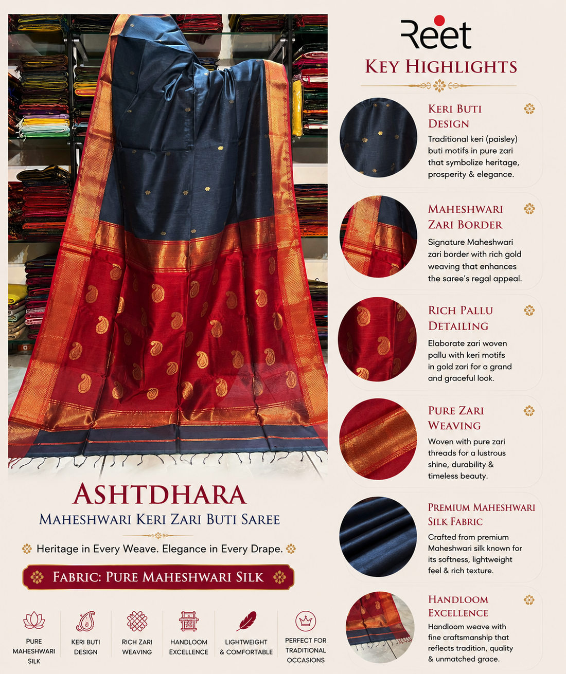 Ashthdhara Maheshwari Keri Zari Buti Saree
