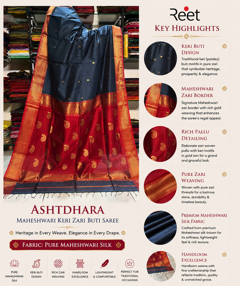 Ashthdhara Maheshwari Keri Zari Buti Saree