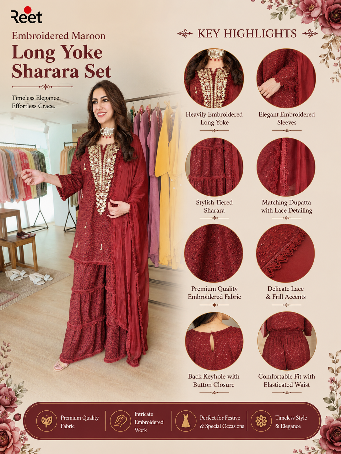Ethnic Embroidered Maroon Long Yoke Sharara Set