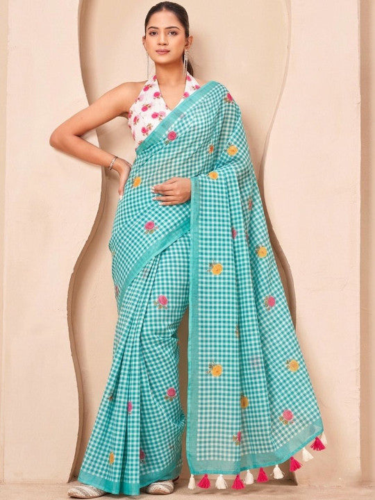 Silk  Floral Checked Woven Design Border Saree