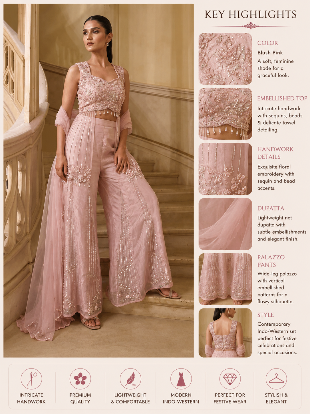 Blush Pink Handwork Indo-Western Palazzo Se