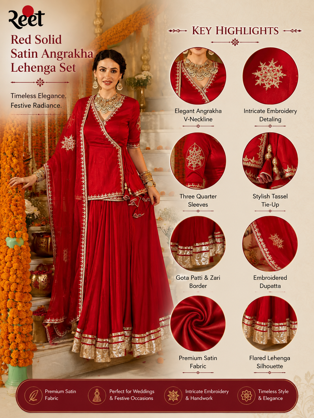 Red Solid Satin Angrakha Lehenga Set