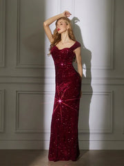 Burgundy Sequinned Floor-Length Cocktail Dress