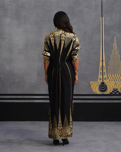 Midnight Gold Foil Draped Kaftan Dress