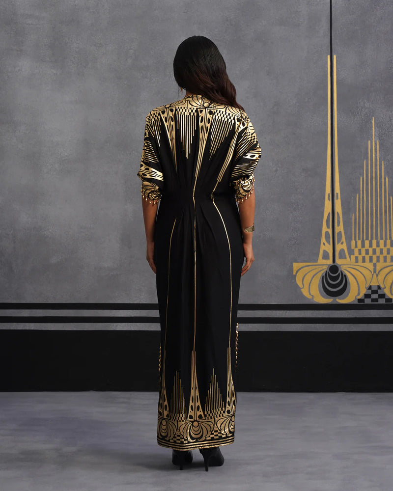 Midnight Gold Foil Draped Kaftan Dress