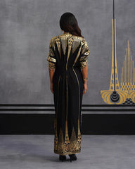 Midnight Gold Foil Draped Kaftan Dress