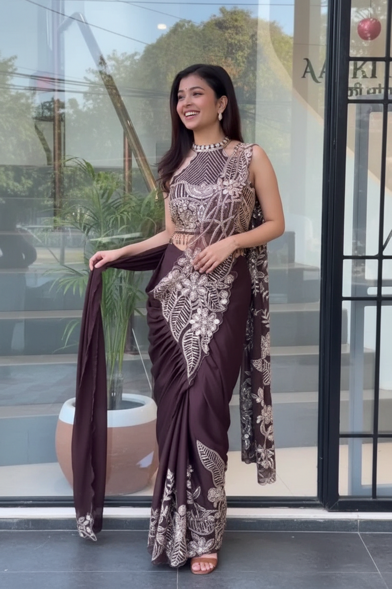 Noor Zahra Luxe Embroidered Saree (Ready-To-Wear) with Blouse