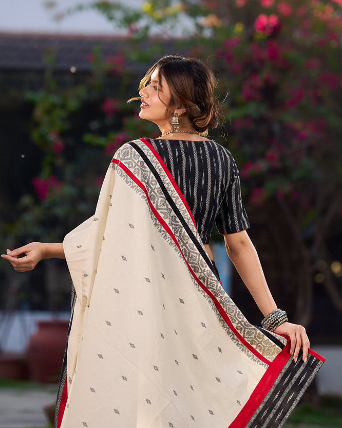 Black Saree with Ikat & Jamdani Accents with Stiched Blouse