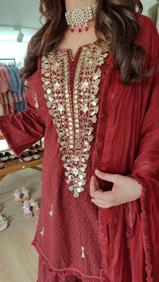 Ethnic Embroidered Maroon Long Yoke Sharara Set