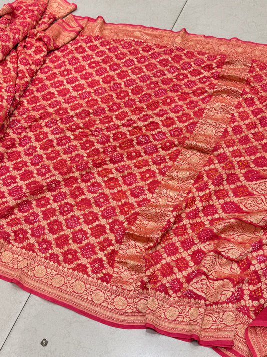 Peach Garnet Bandhej Bandhini Saree 800