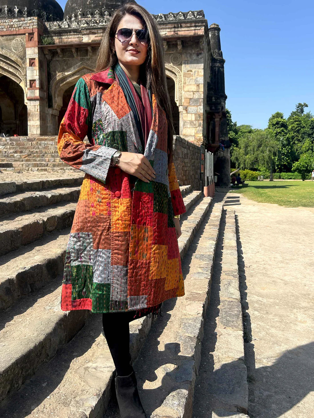Autumn Patola Silk Patchwork Kantha Trench Coat
