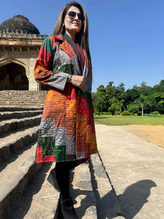 Autumn Patola Silk Patchwork Kantha Trench Coat