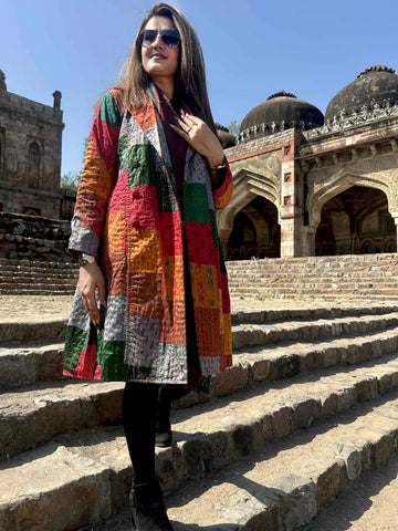 Autumn Patola Silk Patchwork Kantha Trench Coat