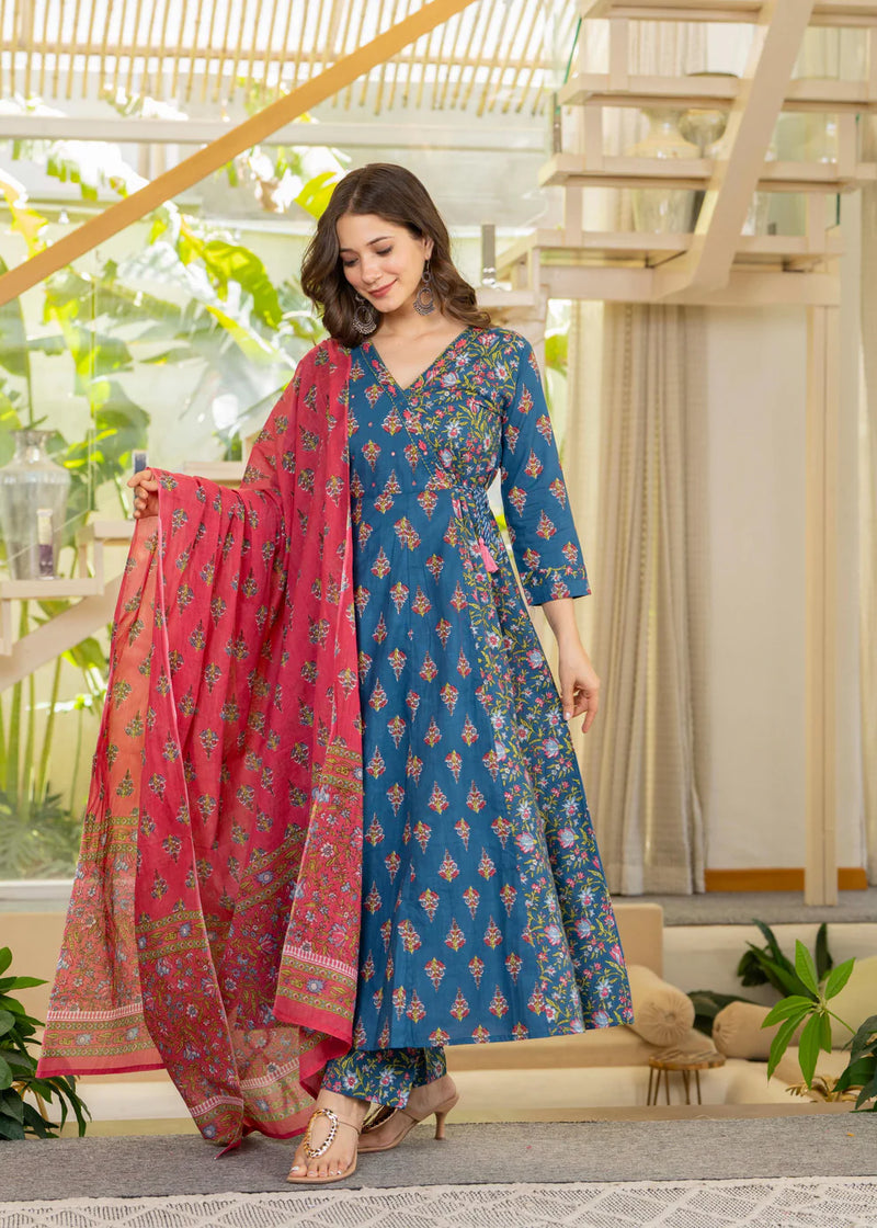 Angrakha Cotton Anarkali Suit Set with Mulmul Dupatta