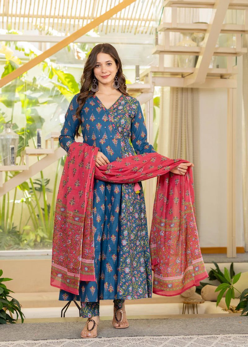 Angrakha Cotton Anarkali Suit Set with Mulmul Dupatta
