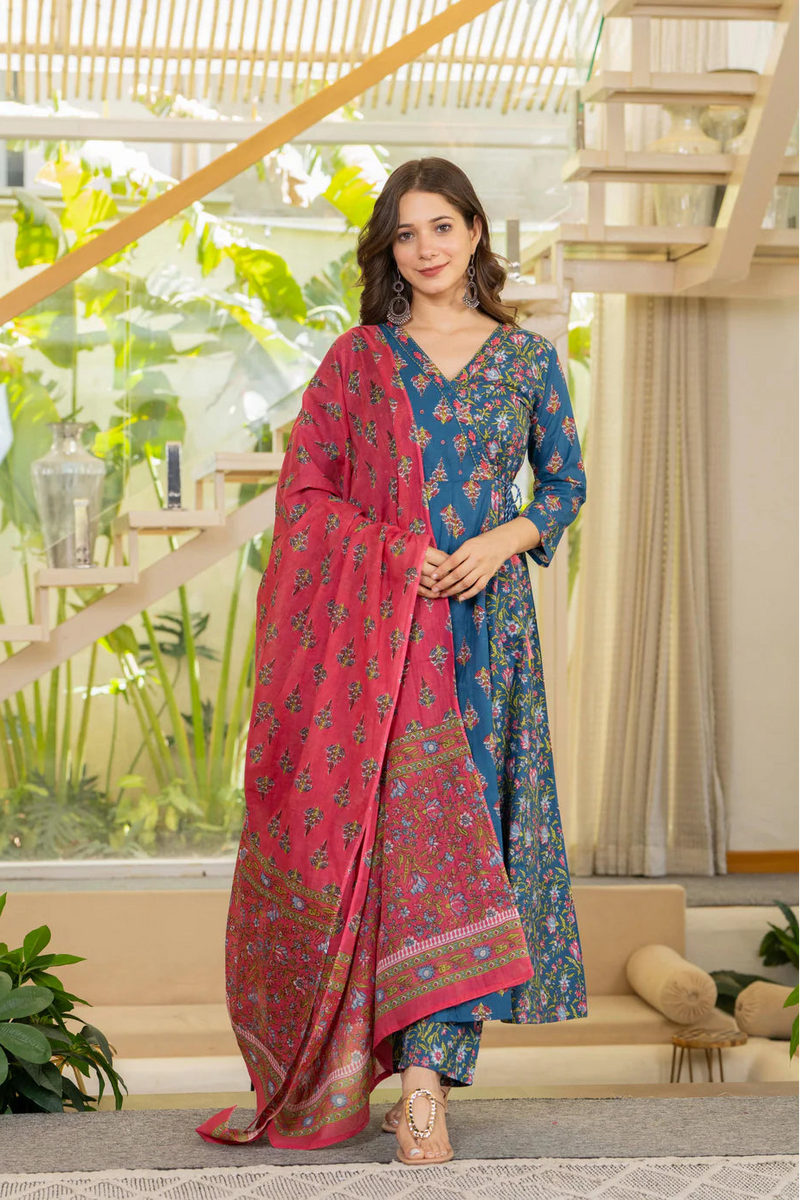 Angrakha Cotton Anarkali Suit Set with Mulmul Dupatta
