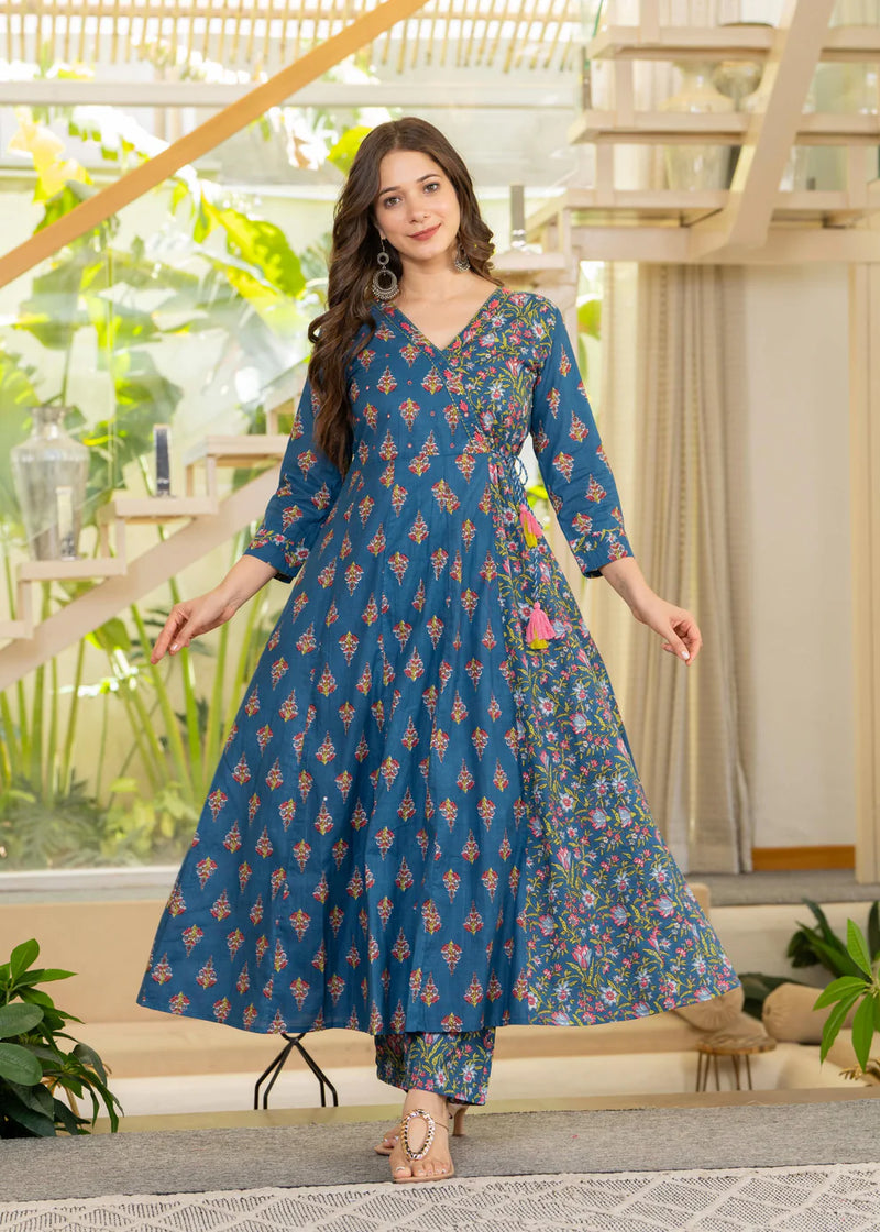 Angrakha Cotton Anarkali Suit Set with Mulmul Dupatta