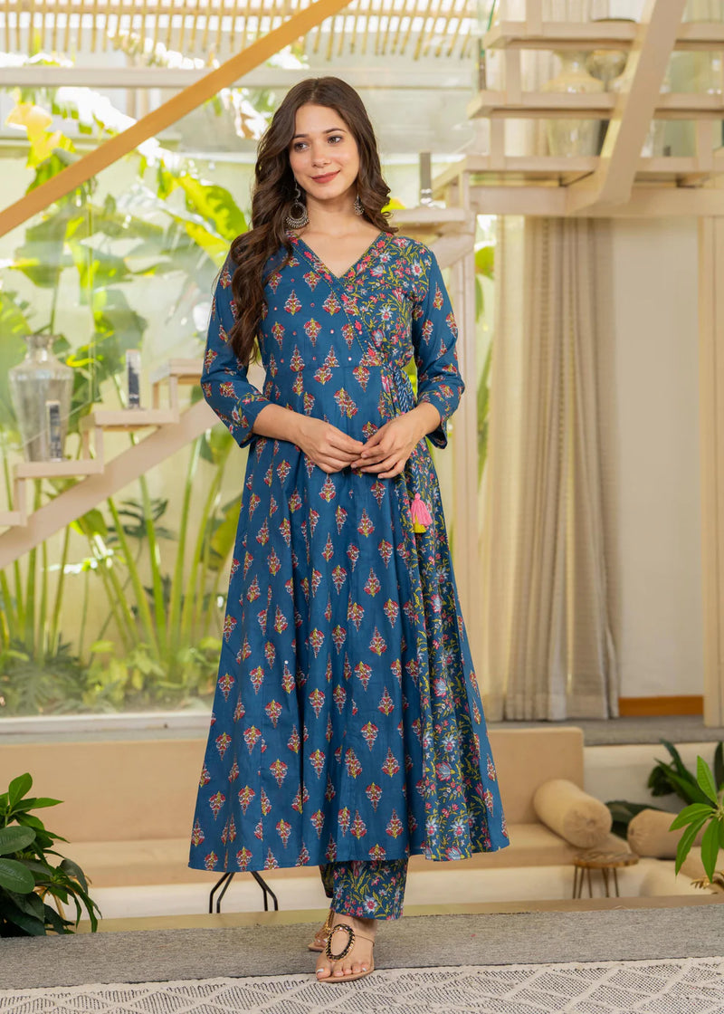 Angrakha Cotton Anarkali Suit Set with Mulmul Dupatta