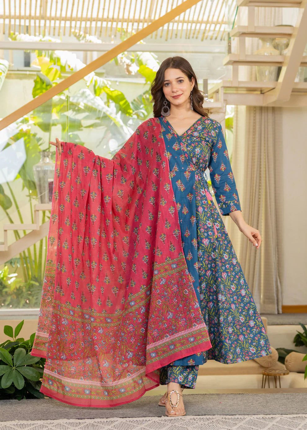 Angrakha Cotton Anarkali Suit Set with Mulmul Dupatta