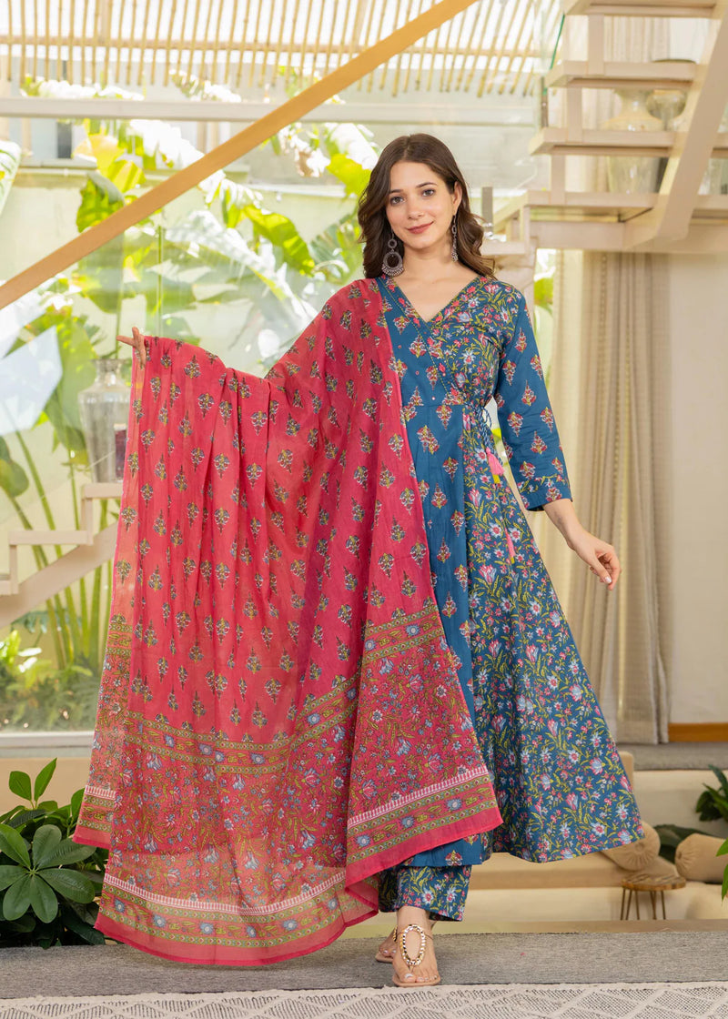 Angrakha Cotton Anarkali Suit Set with Mulmul Dupatta