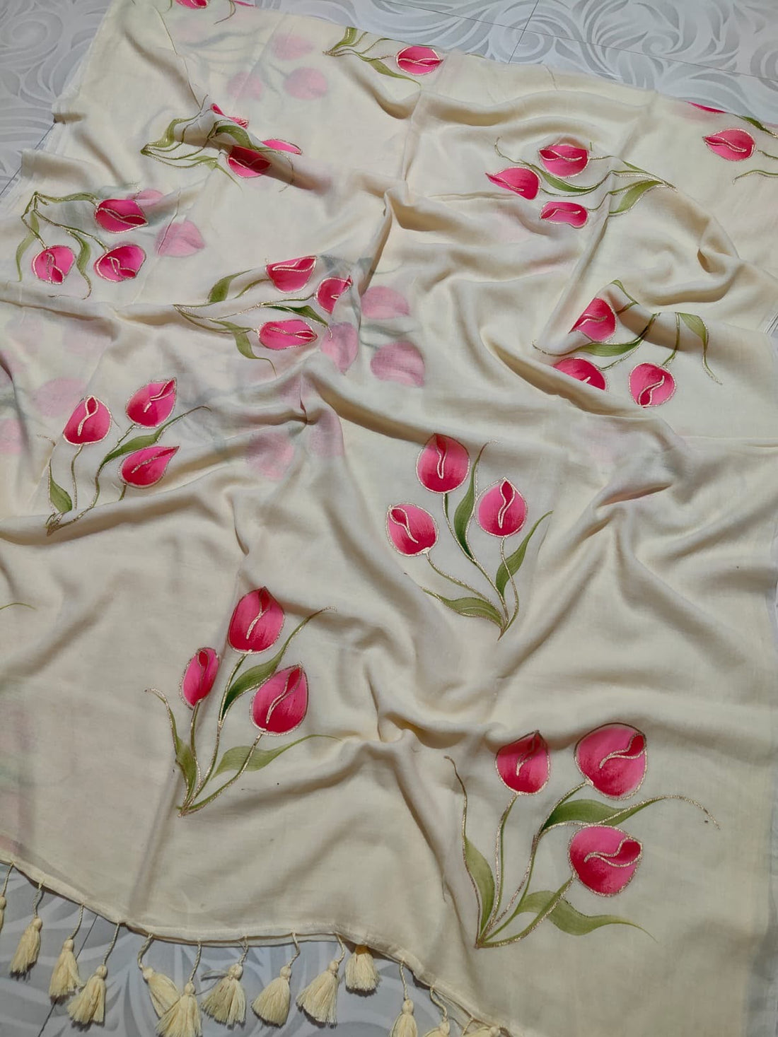 Sunshine Yellow Hand-Painted Tulip Mul Cotton Saree
