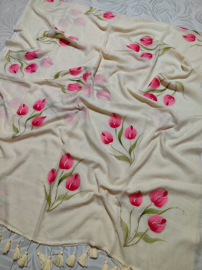 Sunshine Yellow Hand-Painted Tulip Mul Cotton Saree