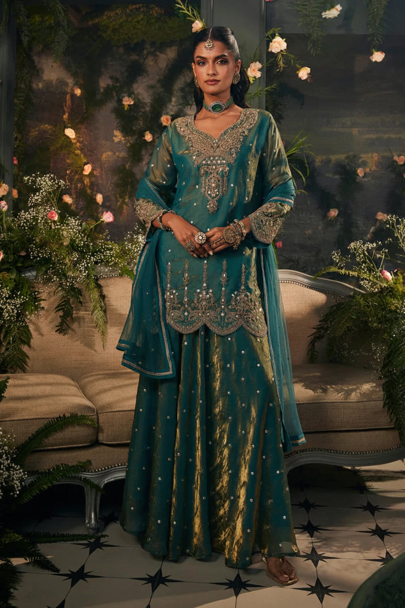 Emerald Aura Teal Shimmer Skirt Set